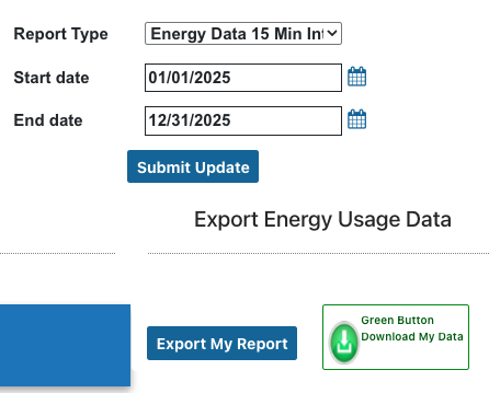 Smart Meter Texas screenshot showing how to export data